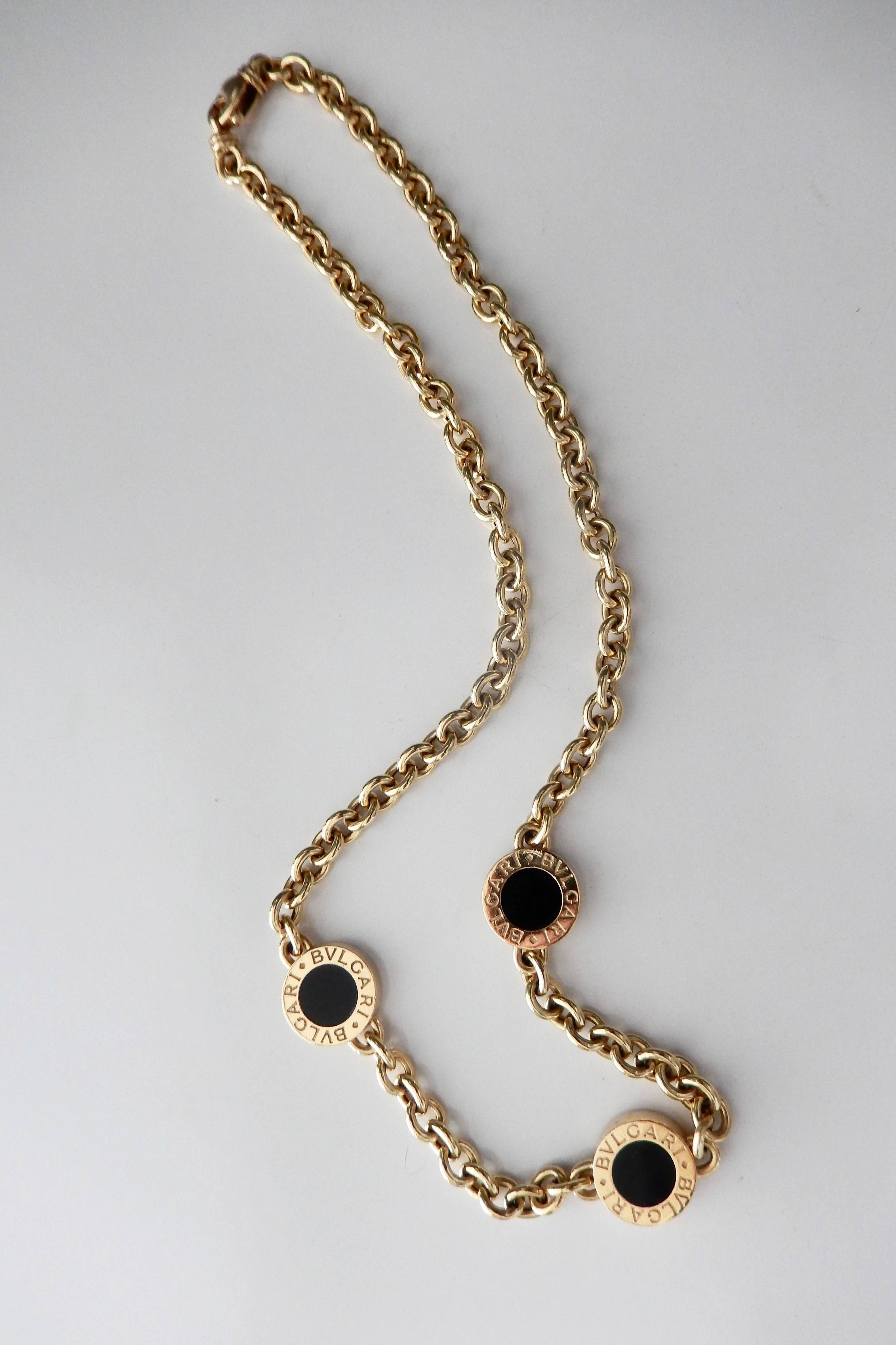 Bulgari Yellow Gold Onyx Signature Necklace In Excellent Condition In Winnetka, IL