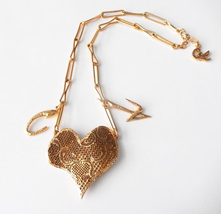 1990s Christian Lacroix Gilt Heart Pendant Necklace w/Signature Charms