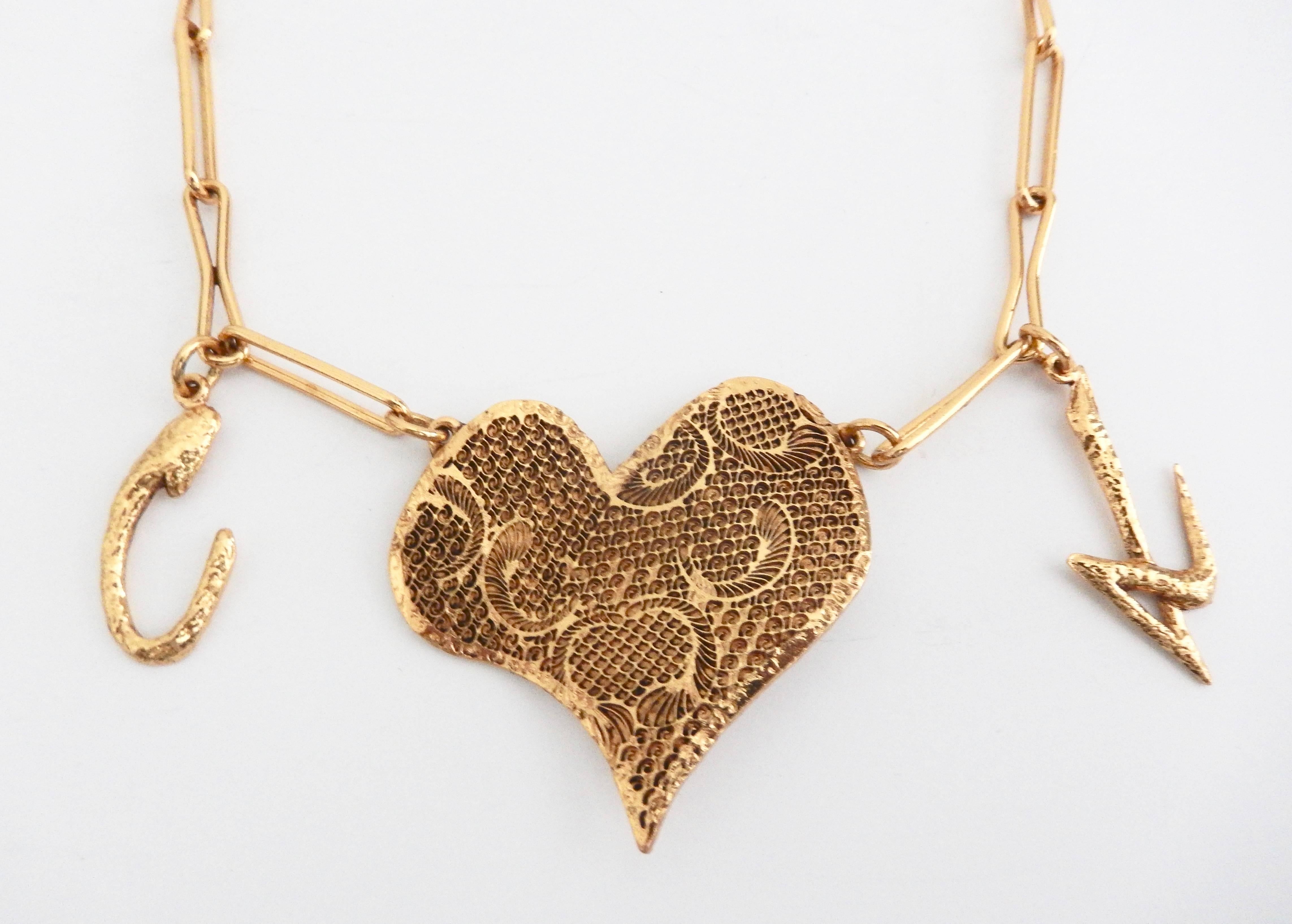 Romantic Christian Lacroix Gilt Heart Pendant Necklace with Signature Charms, 1990s  For Sale