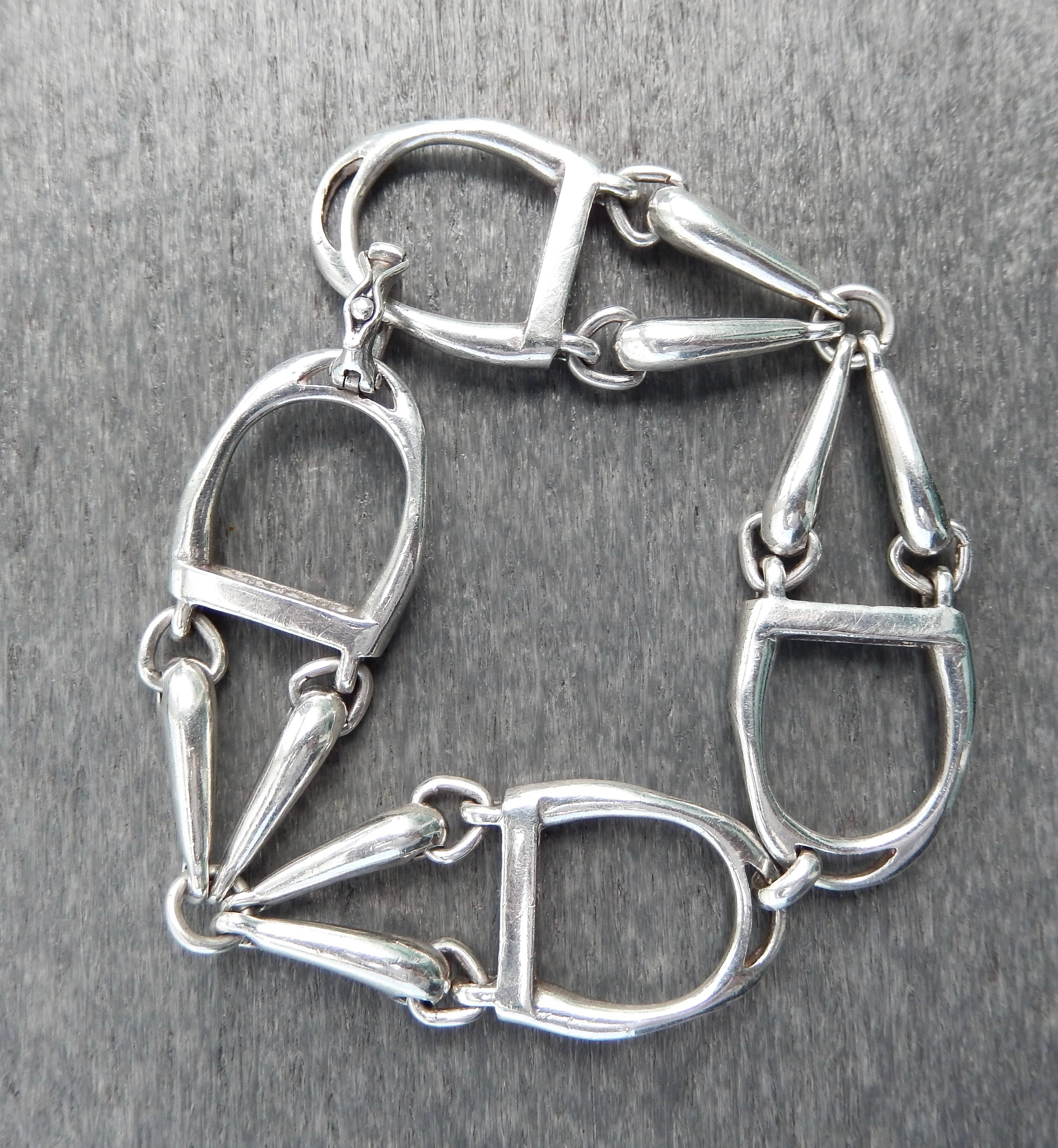 A sterling silver link bracelet with the classic Gucci equestrian "horse bit" design. A beautiful example of 70s clean, modernist design.  Marked: GUCCI  ITALY 925