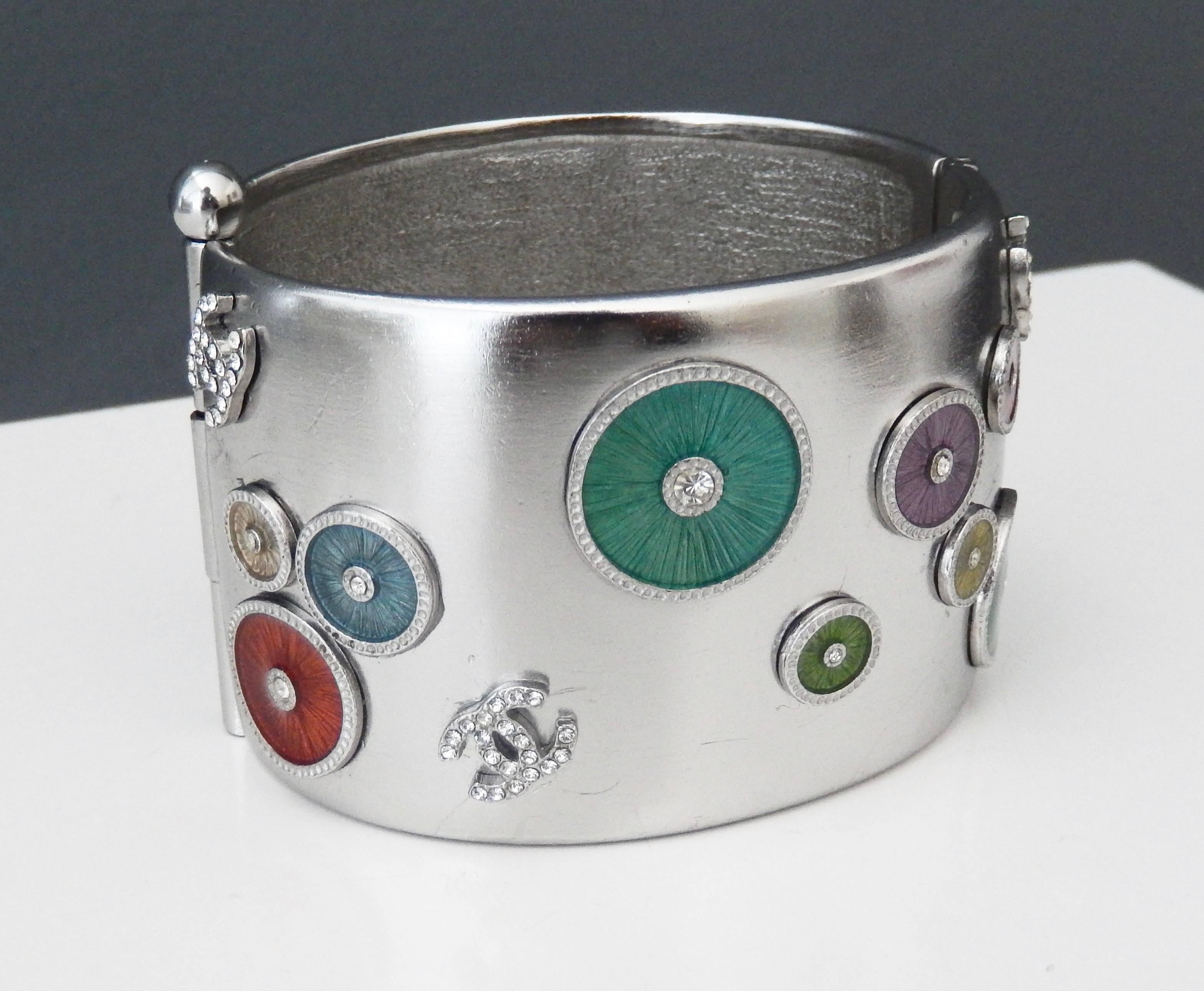 Chanel Millennium Silvered Cuff with Enameled Design In Good Condition In Winnetka, IL