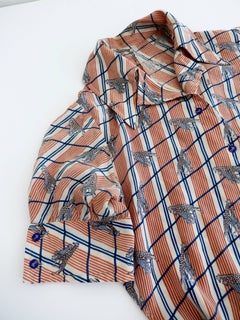 1970s GUCCI Giraffe Print Silk Blouse with Matching Sterling and Enamel Buttons