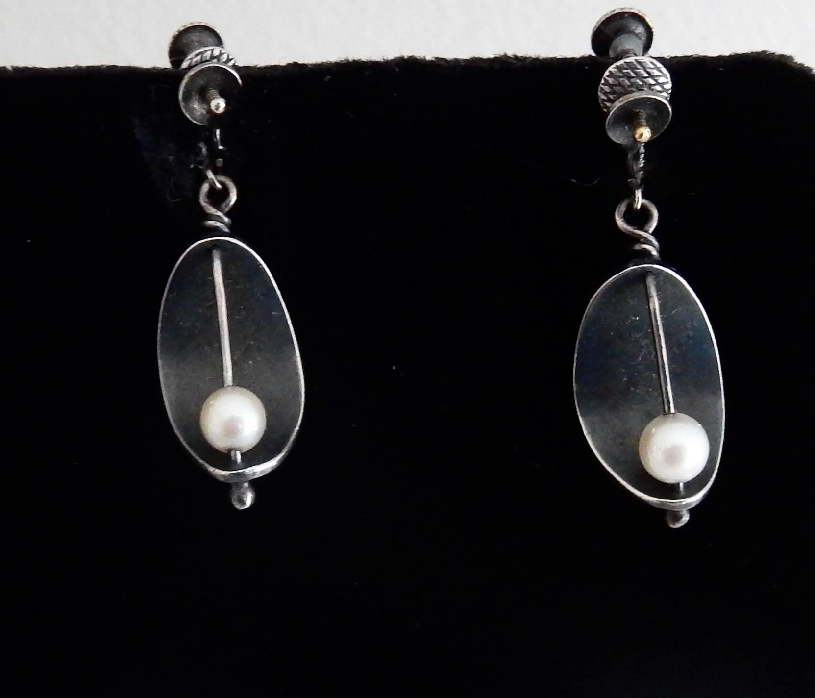 Women's Ed Wiener Mid-century Modern Pearl and Sterling Silver Earrings For Sale