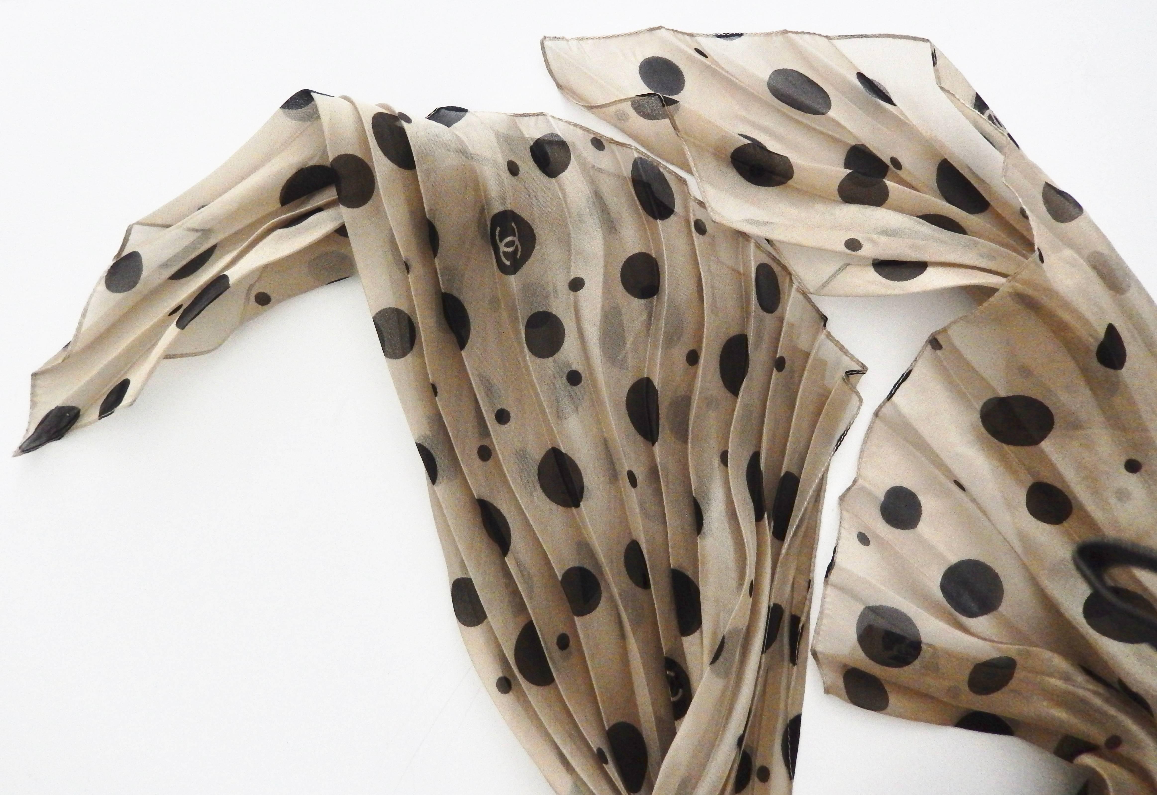 Brown Mid-Century Chanel Polka Dot Pleated Silk Scarf  For Sale