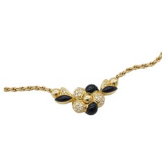 Christian Dior Vintage 1980s Black Enamel Flower Crystals Gold Pendant Necklace