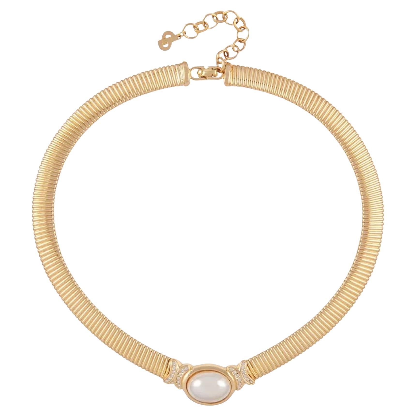 Christian Dior Vintage 1980s Omega Collar Oval Pearl Crystals Gold Necklace For Sale