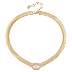 Christian Dior Used 1980s Omega Collar Oval Pearl Crystals Gold Necklace