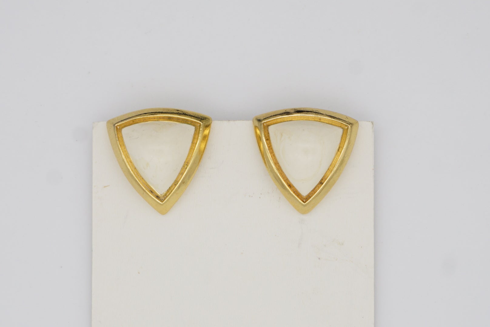 Christian Dior Vintage 1980s Large Triangle White Enamel Gold Clip On Earrings 