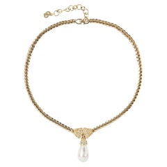 Christian Dior Used 1980s Faux Crystals Pearl Teardrop Gold Pendant Necklace