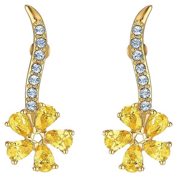 Swarovski Atelier Flower Yellow Exquisite White Crystals Pierced Gold Earrings  For Sale