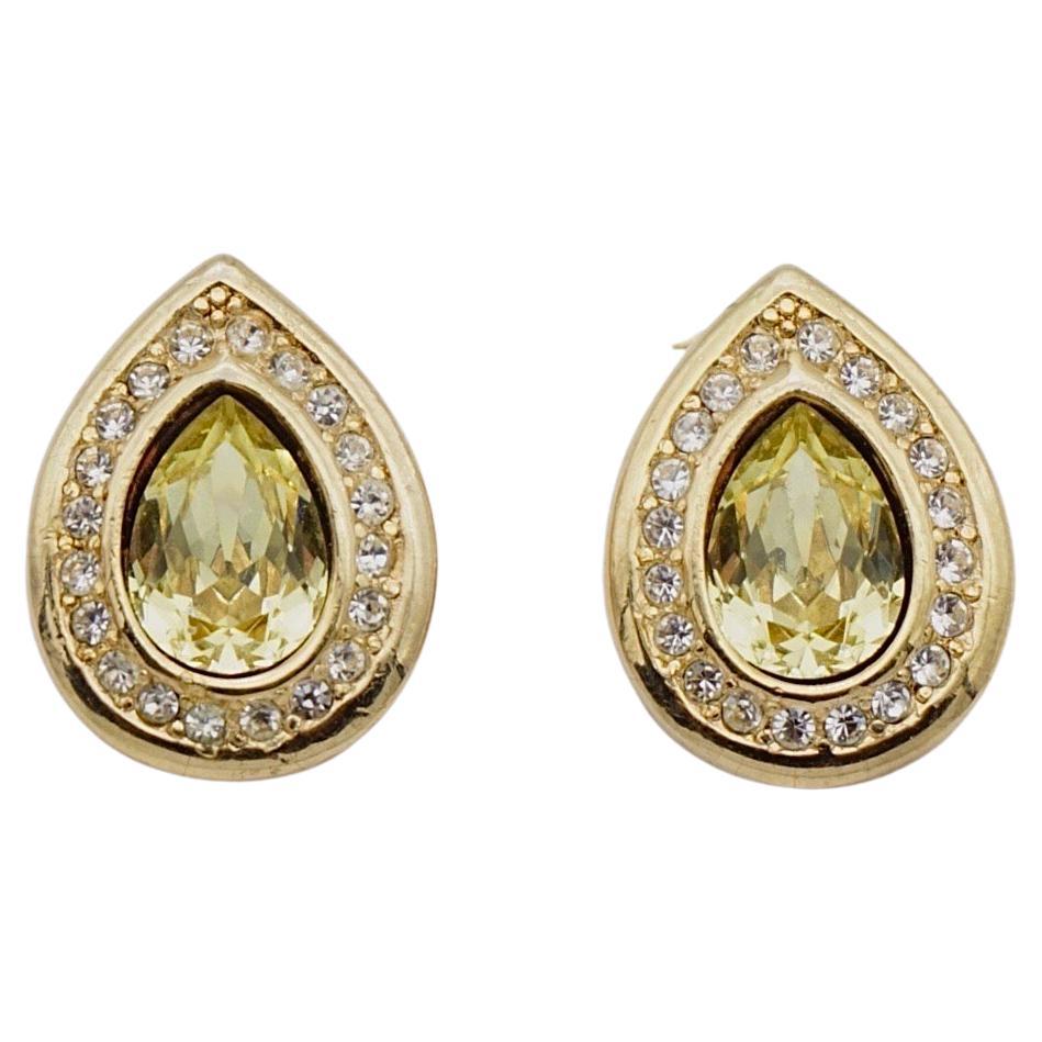 Christian Dior Vintage 1980s Topaz Crystals Tear Water Drop Clip Gold Earrings  For Sale