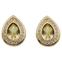Christian Dior Retro 1980s Topaz Crystals Tear Water Drop Clip Gold Earrings 
