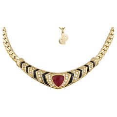 Christian Dior Vintage 1980 Ruby Gripoix Triangle Black Crystal Pendant Necklace