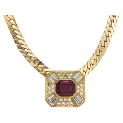Christian Dior Vintage Octagon Amethyst Rectangle Crystal Dome Pendant Necklace