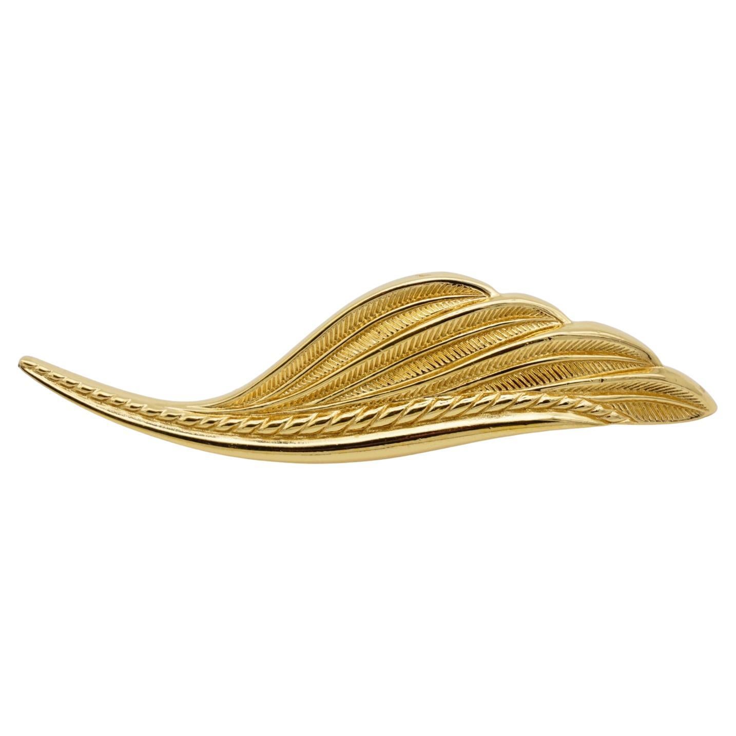 Christian Dior 1980s Vintage Huge Large Vivid Textured Feather Leaf Gold Brooch