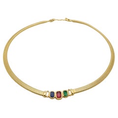 Christian Dior Vintage Zafiro Esmeralda Rubí Octógono Acanalado Omega Collar de Oro