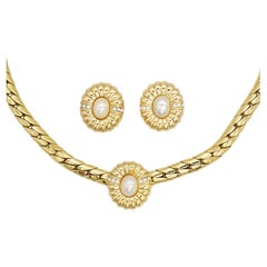 Christian Dior Vintage 1980s Oval Flower Pearls Crystals Set Necklace Earrings