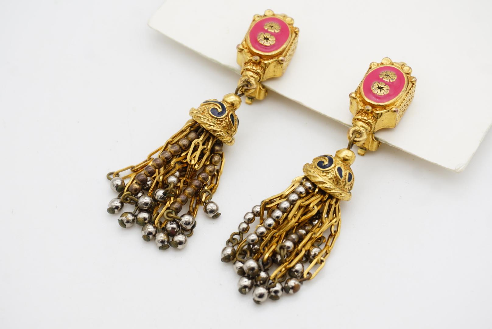Christian Lacroix Vintage Fuchsia Rosa Glockenturm Blume Perlen Quaste Ohrringe im Angebot 5