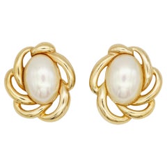 Christian Dior 1970s Vintage Massive Huge Oval White Pearl Flower Clip Earrings