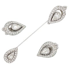 Christian Dior Vintage Peacock Eye Water Drop Whole White Crystals Silver 2 Set