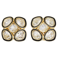 Christian Dior Vintage Large Lucky Clover Flower Crystals Black Clip Earrings