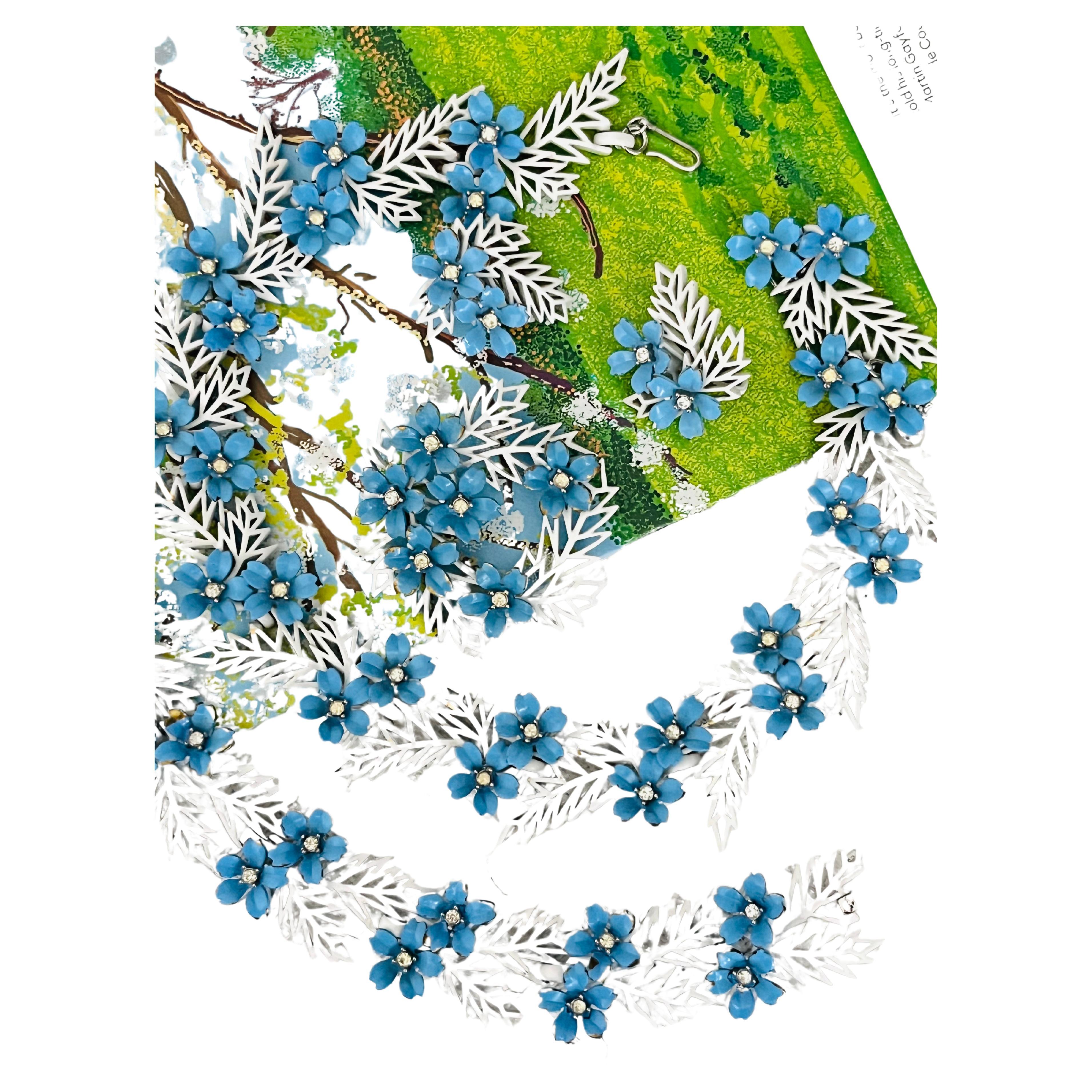 Crown Trifari 1958 Blue White Enamel Crystals Flower Fern Leaf Openwork 4 Set