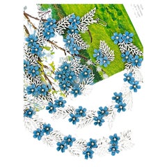 Crown Trifari 1958 Blue White Enamel Crystals Flower Fern Leaf Openwork 4 Set