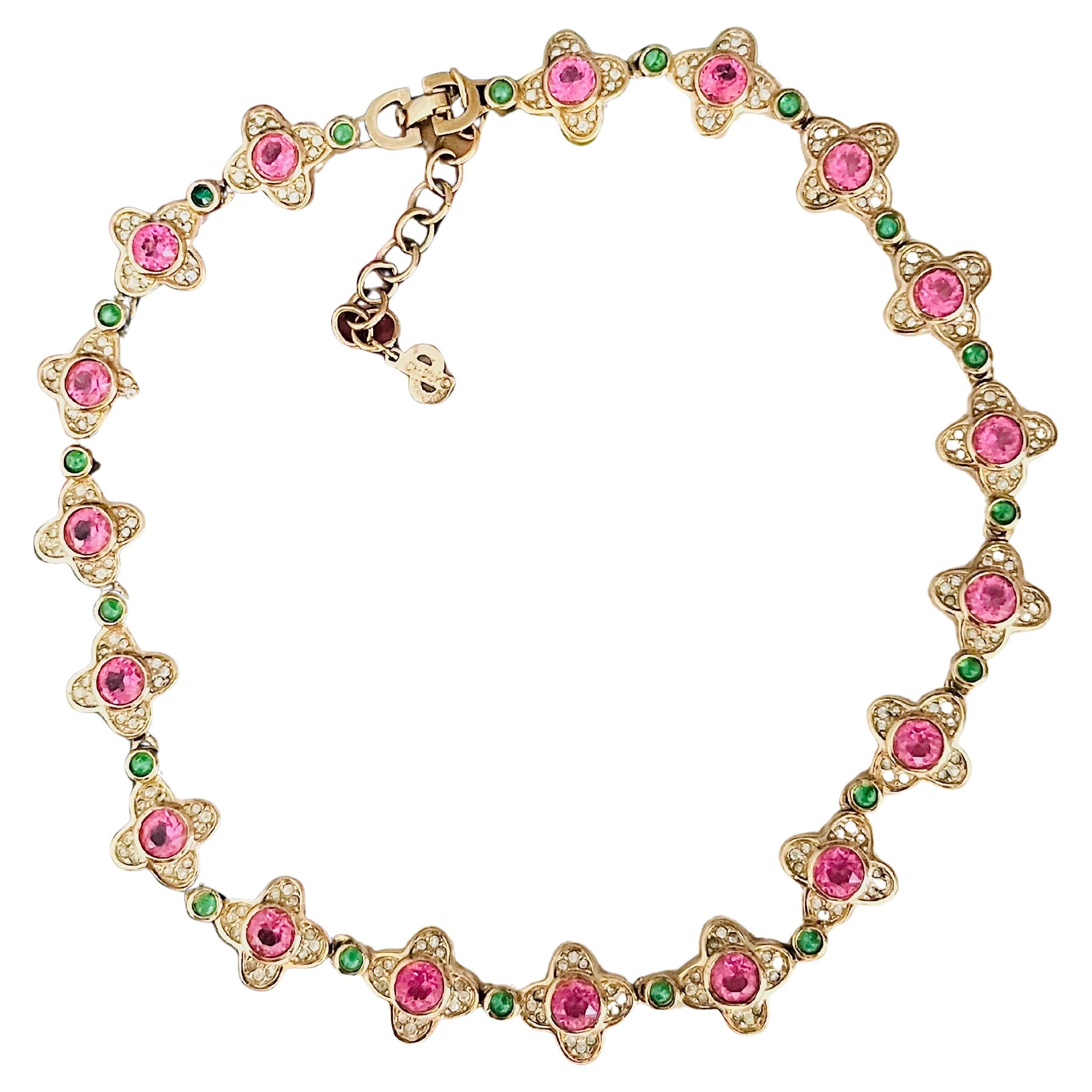 Christian Dior Collana vintage anni '70 con fiori di trifoglio rosa e cristalli di smeraldo Dot Dot