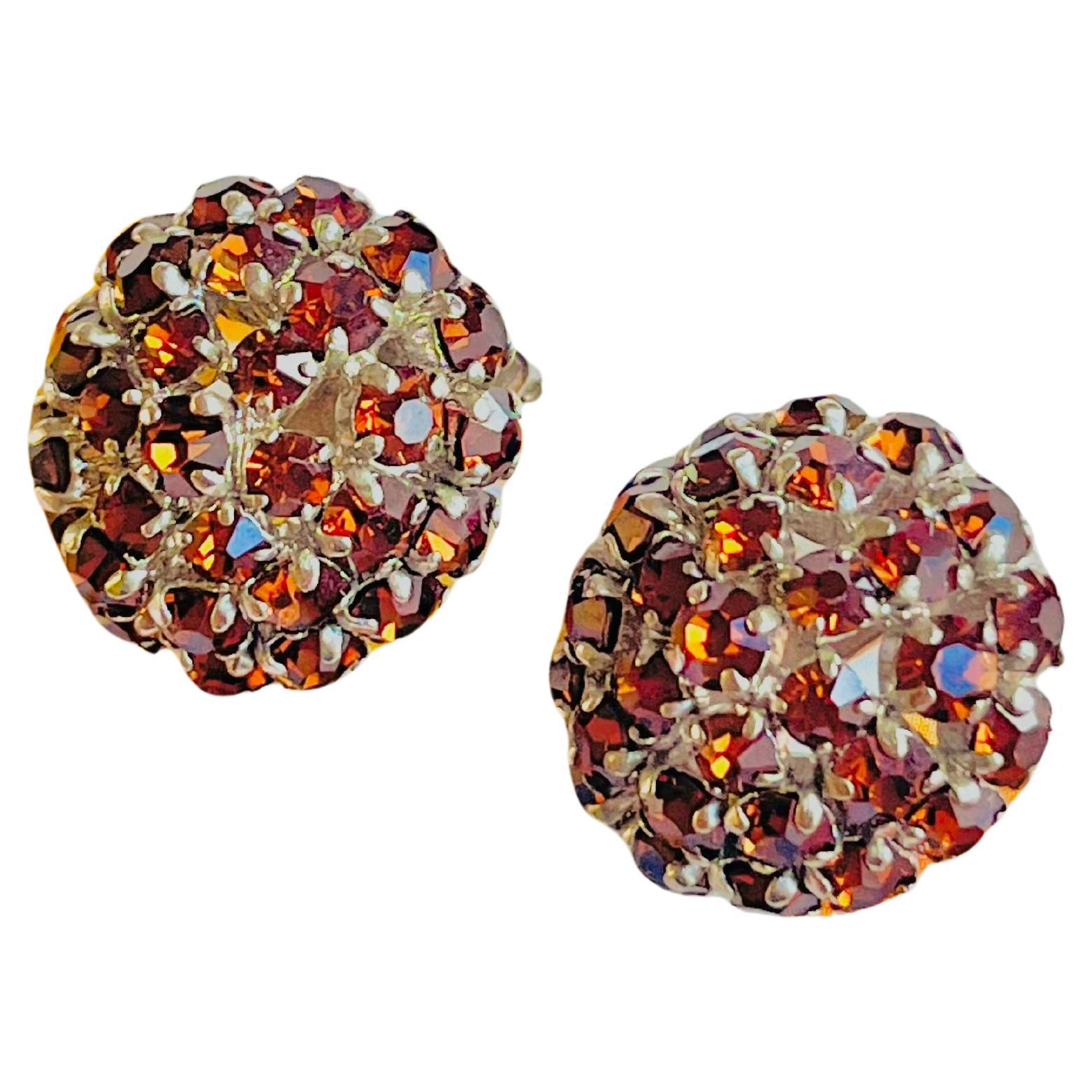 Christian Dior Vintage 1960 Citrine Amber Whole Crystals Circle Dome Earrings