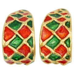 Yves Saint Laurent YSL Vintage Green Red Quilted Hoop Enamel Dome Gold Earrings