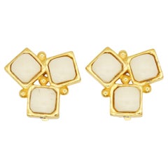 Fendi Vintage 1980s Fendista Logo FF Ivory Geometric Trio Square Clip Earrings