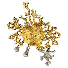 Christian Lacroix Vintage Large Gold Silver Coral Heart Logo Drop Chunky Brooch