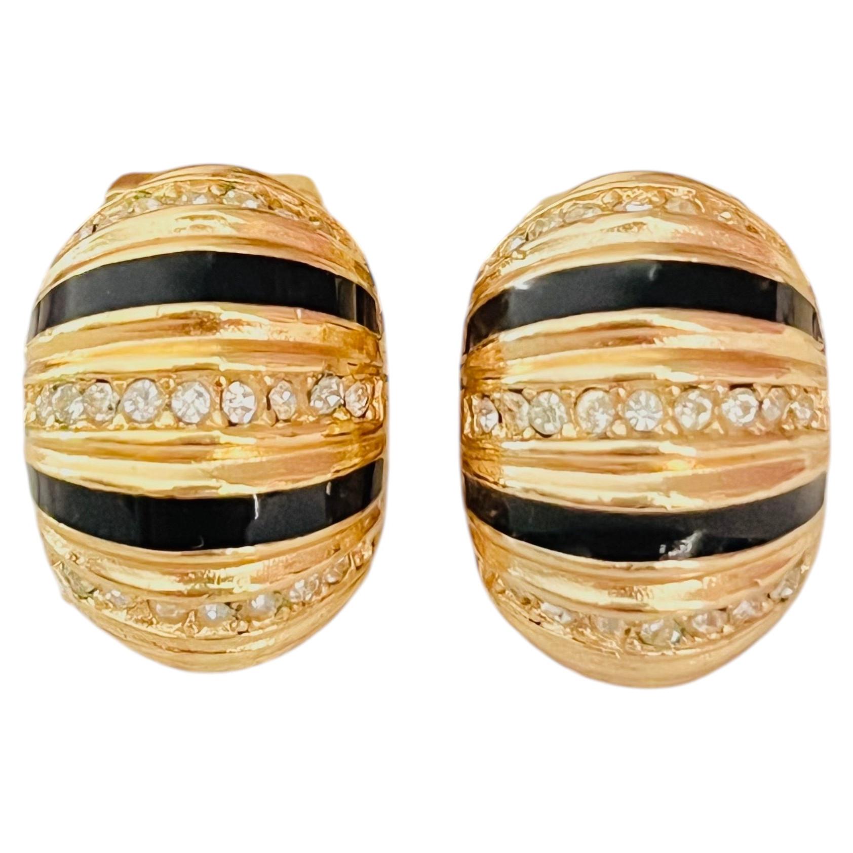 Christian Dior Vintage 1980s Black Gold Crystals Winding Domed Clip Earrings