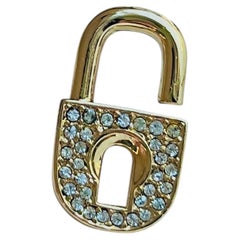 Christian Dior Vintage Rare Padlock Key Gold Crystals Logo CD Retro Pin Brooch