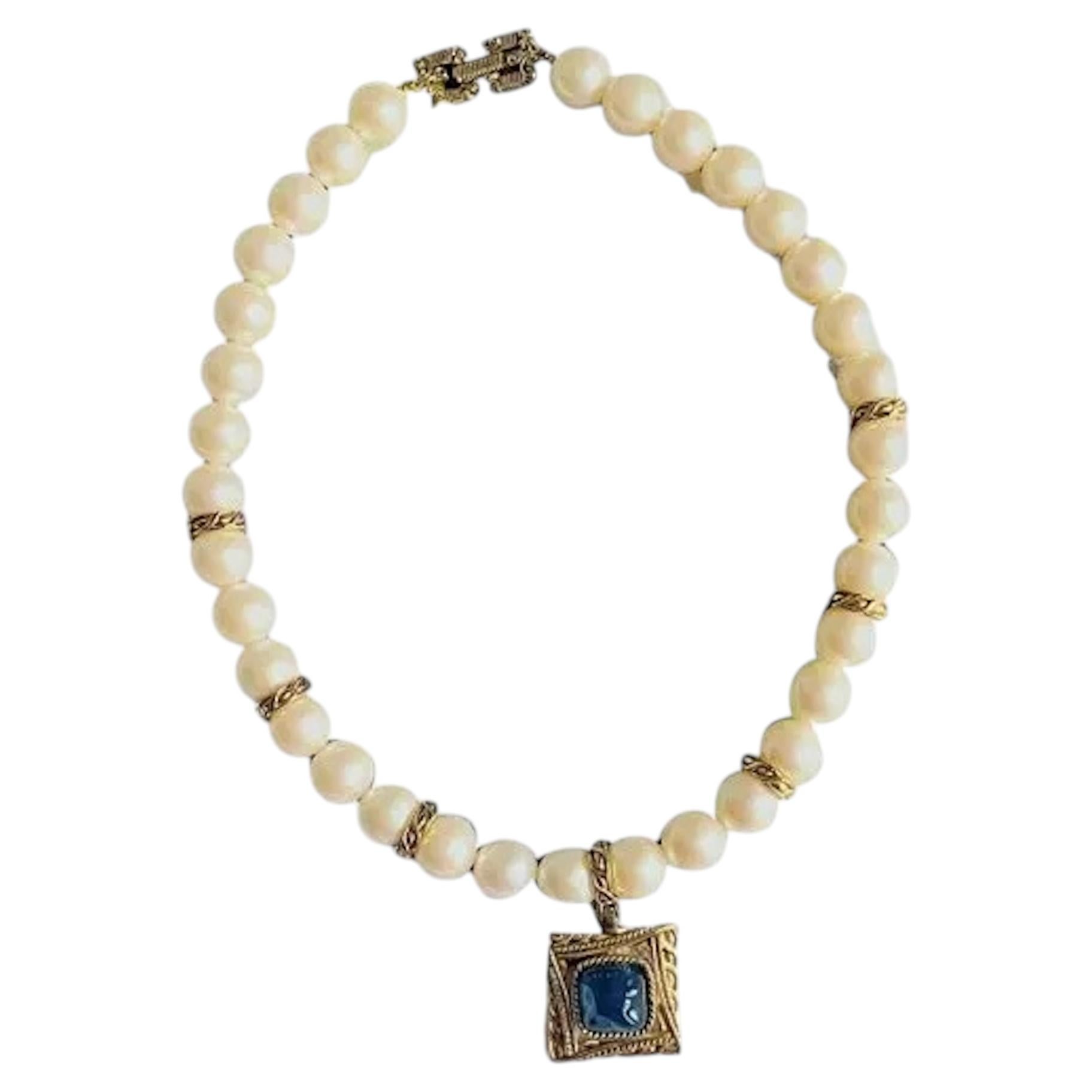 Givenchy Vintage Gold Large Blue Sapphire Pearls Square Statement Necklace For Sale