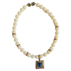 Givenchy Vintage Gold Large Blue Sapphire Pearls Square Statement Necklace