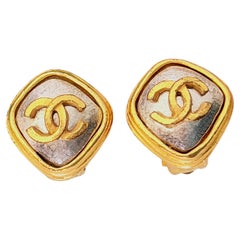 Chanel Vintage 1997 Iconic Unisex Glow Gold Silver Diamond Coco Chunky Earrings