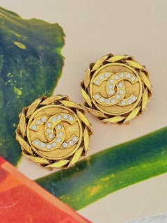 Chanel Vintage 1986 Large Braided Round Interlocked Crystals CC Chunky Earrings