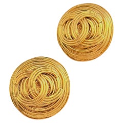 Chanel Vintage 1994 Iconic Gold Large Spiral Nest Round CC Logo Chunky Earrings