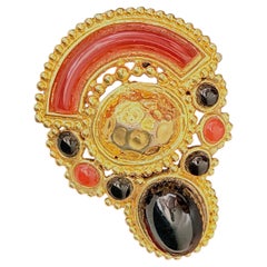 Christian Dior Vintage 1971 Gold Rare Red Cabochon Carnelian Openwork Brooch