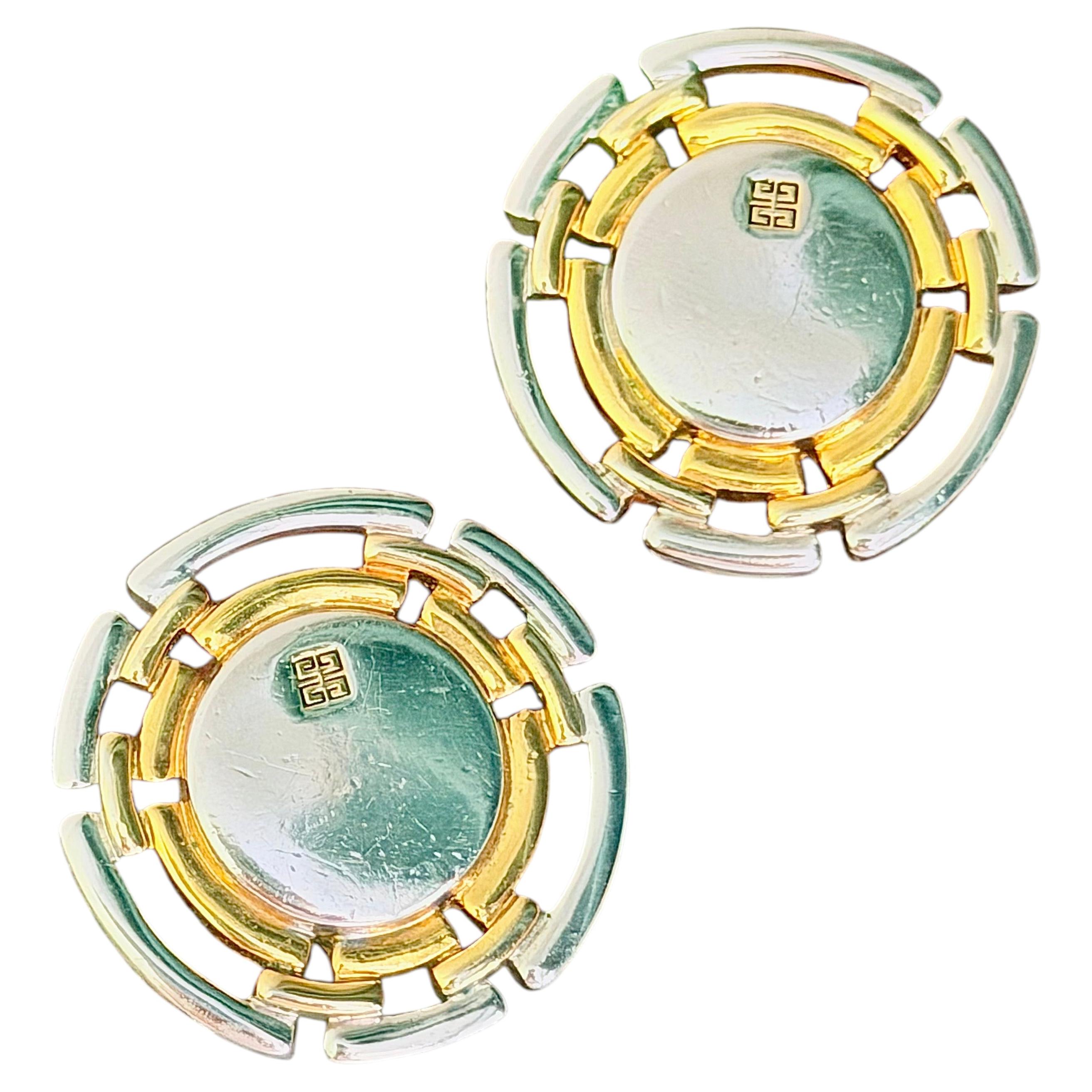 Givenchy Vintage Large Unisex Medallion 4G Openwork Gold Silver Round Earrings For Sale