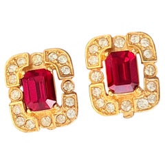 Givenchy Vintage Gold Gripoix Ruby Red Baroque Openwork Rectangle Earrings