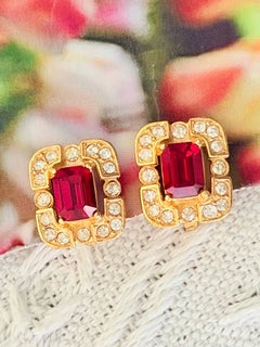 Givenchy Vintage Gold Gripoix Ruby Red Baroque Openwork Rectangle Earrings