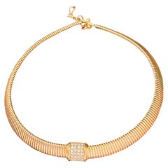 Christian Dior Vintage Gold Square Crystals Omega Adjustable Choker Necklace