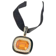 TAT Vintage Rare Gold Large Oval Citrine Octagon Black Enamel Crystals Pendant