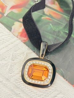TAT Vintage Rare Gold Large Oval Citrine Octagon Black Enamel Crystals Pendant