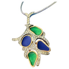 Vintage Blue Navy Green Enamel Openwork Pendant Chunky Silver Long Necklace