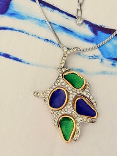 Vintage Blue Navy Green Enamel Openwork Pendant Chunky Silver Long Necklace