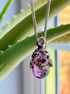 Vintage 1950s Fabergé Egg 800 Silver Amethyst Crystals Arts & Crafts Necklace