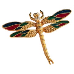 Christian Dior Vintage Gold Rare Large Dragonfly Red Blue Green Statement Brooch